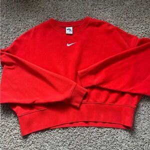 Nike Women's Red Cropped Crewneck Sweatshirt with White Swoosh